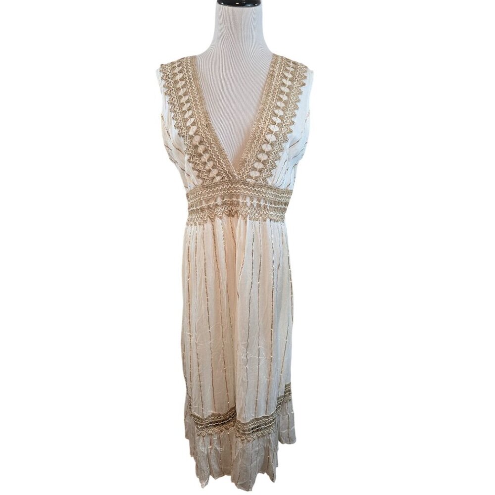 Boho Cream Maxi Dress Gold Accents & Jute‎ Crochet Details By Ashley Taylor OS